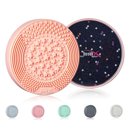 Jessup Makeup Brush Cleaning Mat with Color Removal Sponge, 2 in 1 Silicone Makeup Brush Cleaner (Peach Nectar), A006