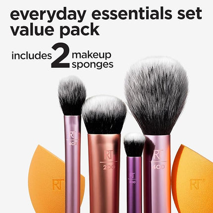 Real Techniques 6 Piece Everyday Essentials Makeup Brush Set, Includes 4 Brushes & 2 Makeup Sponges, For Foundation, Blush, Bronzer, Contour, Eyeshadow, & Powder, Travel Gift Set, Cruelty-Free & Vegan