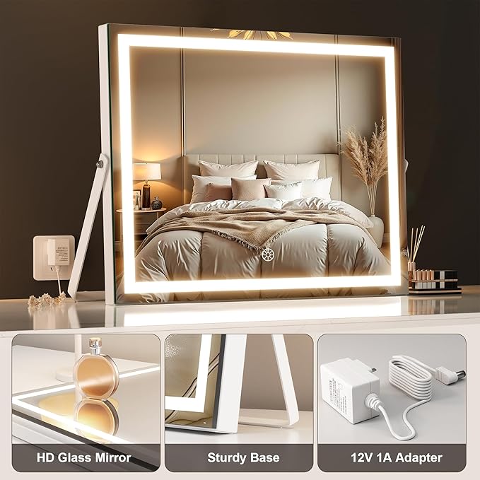 MINISO Vanity Mirror with Lights, 17.7" x 14" LED Makeup Mirror, Light & Brightness Adjustment, Smart Sensor, 360°Rotation, Aluminum Alloy Metal White Frame, with 5X Magnifying Glass