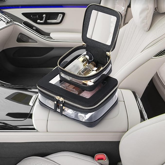 Pinkmik Clear Makeup Bag with Zipper Waterproof Travel Makeup Set for Cosmetics and Toiletries Women's Purse Organizer and Car Essentials (Black, M+MINI-1)