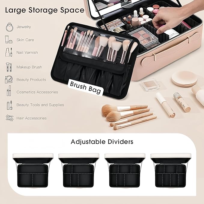Leather Makeup Case with LED Lighted Mirror 11.4 Inch Travel Makeup Bag Adjustable Brightness in 3 Colors Cosmetic Organizer Artist Storage Bag with Dividers Brush Holder Bag Vanity Champagne Gold