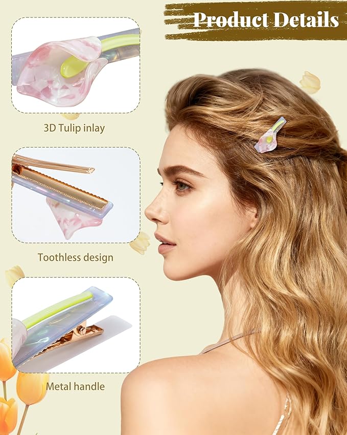 ACECHA Tulip Flower Acrylic Hair Clip Set, 6 Piece Large Claw Clips & No Crease Hair Clips for Thin and Thick，Non-Slip Hair Grip Hairclips for Makeup, Salon, Strong Hold Jaw Clamps (White & Blue)