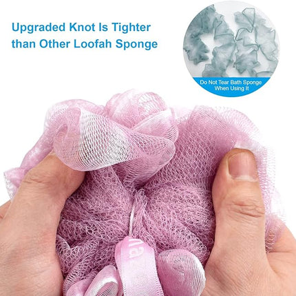 AmazerBath Shower Sponge Loofah Back Scrubber, PE Soft Mesh Loofah Body Scrubber with Long Wooden Handle, Bath Sponge for Men Women (Pink)