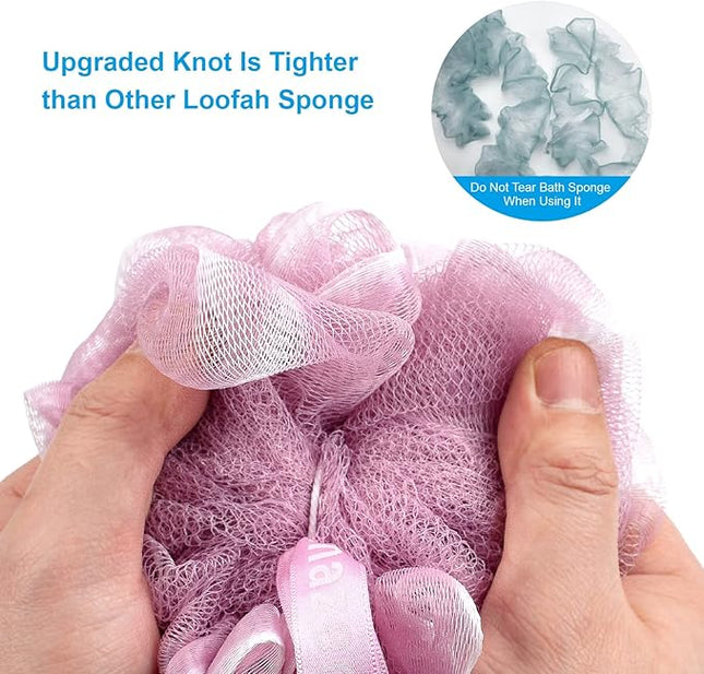 AmazerBath Shower Sponge Loofah Back Scrubber, PE Soft Mesh Loofah Body Scrubber with Long Wooden Handle, Bath Sponge for Men Women (Pink)