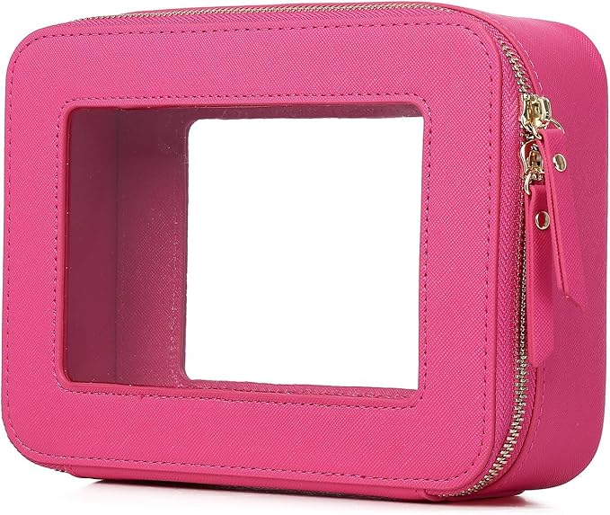 Pinkmik Clear Makeup Bag for Women Waterproof Travel Cosmetics and Toiletries Case Portable Makeup Oaganizer Bag Clear Car Bag with Zipper (X/Fuxia, M)