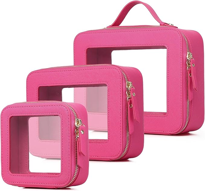 Pinkmik Clear Makeup Bag Waterproof Travel Case for Cosmetics and Toiletries Women's Purse Organizer and Clear Car Bag with Zipper (X/Fuxia, L+M+MINI)