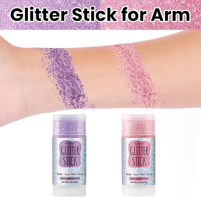 Brzeaf Waterproof Purple Glitter Stick, Shimmery&Long Lasting, Halloween Chunky Glitter for Face/Body/Hair/Eyes, Singer Concert Music Rave Festival, Glitter Stick Makeup for Women Men