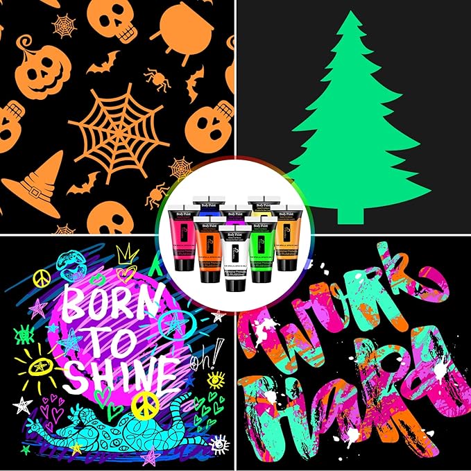 NewWay Luminous Neon Face & Body Paint Glow in the Dark Party Supplies MakeUp Cream Paint Light For Halloween Christmas 8 Color 0.7 fl oz x 16 Tubes