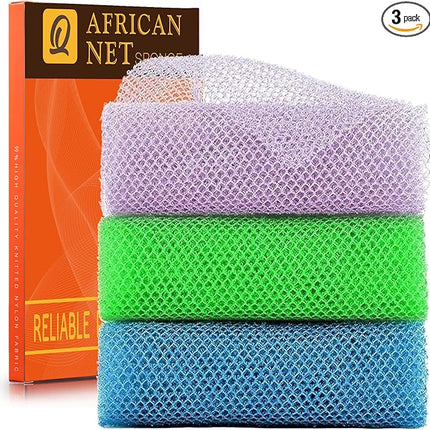 UJFQBH 3 Pieces African exfoliating net African Net Long Net Bath Sponge Exfoliating Shower Body Scrubber Back Scrubber Skin Smoother,Great for Daily Use (Purple, Blue, Green)