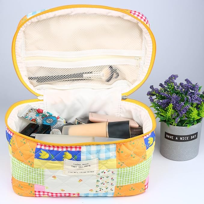 VIWIME Makeup Cosmetic Bag, Large Cotton Quilted Travel Coquette Aesthetic Cute Floral Make up Bag for Women Toiletry Bag Organizer(Puzzle/2Pcs)