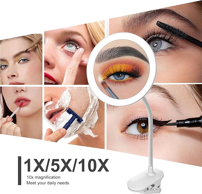 6.5" Clip on Vanity Makeup Mirror with Light, gooseneck Travel 10x Magnifying Mirror,USB Recharge (White 10X)
