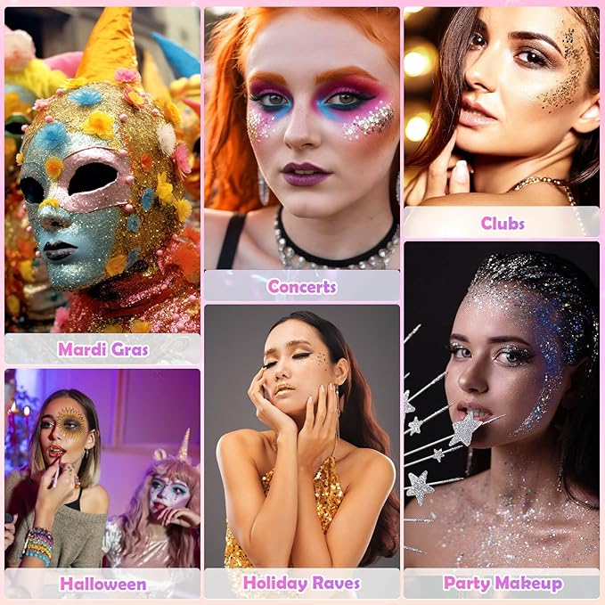10 Colors Body Face Glitter Gel for Skin and Hair, Makeup Sparkles Rave Accessories for Festival Outfits, Mermaid Decorations, Disco Cowgirl, Mardi Gras