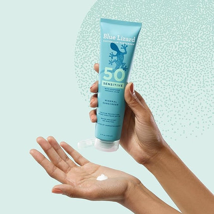 Blue Lizard Sensitive Mineral SPF 50 Sunscreen Lotion, 100% Mineral Sunscreen, UVA/UVB Protection, Infused with organic Aloe Vera, Soothes and Hydrates, 5 fl oz | with Zinc Oxide, 50+, Water Resistant, UVAUVB Protection, Sensitve
