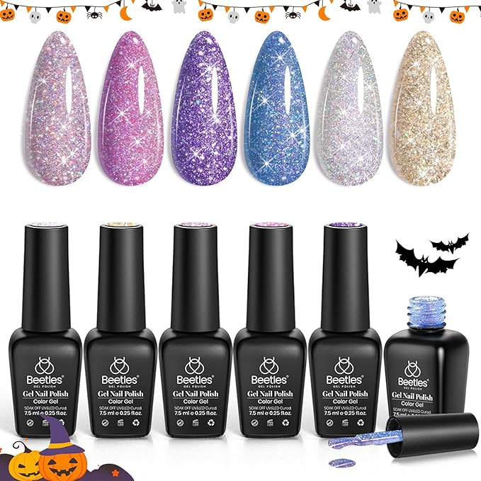 Beetles Reflective Glitter Halloween Gel Nail Polish Kit 6 Colors Holographic Gel Polish Sparkle Flash Dimond Sliver Gold Soak Off UV LED Manicure Gift for Women Girls Midnight Sparkling