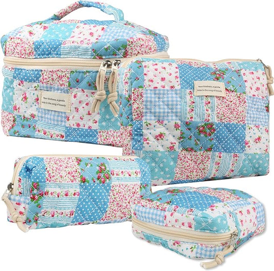 VIWIME Makeup Cosmetic Bag, Large Cotton Quilted Travel Coquette Aesthetic Cute Floral Make up Bag for Women Toiletry Bag Organizer(Grid Rose/4Pcs)