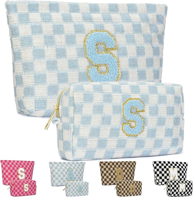 2PCS Checkered Makeup Bag for Women Personalized Initial Letter Makeup Bag Travel Toiletry Bag Organizer Cute Makeup Brushes Storage Bag Mother's Day Birthday Gift for Women (Blue S)