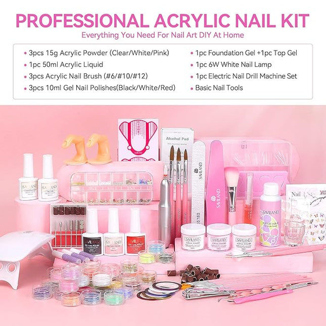SAVILAND Acrylic Nail Kit for Beginners: Professional Nail Kit with Everything Gel Nail Polish Nail Drill U V Lignht Nail Supplies Salon Home Use Gifts Set