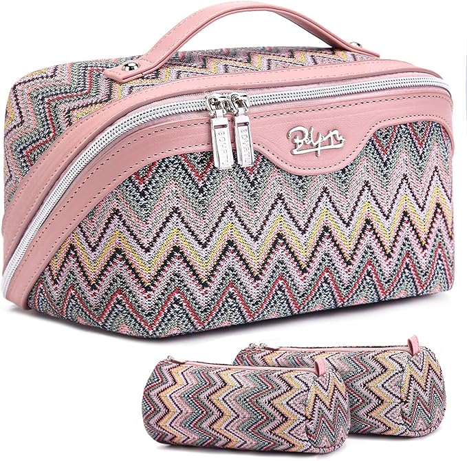 Travel Makeup Bag for Women: Western Boho Make up Bag Set of 3 - Large Capacity Vegan Leather Cosmetic Bag - Waterproof Toiletry Bag with Compartments & Handle & Divider(B-01Pink)