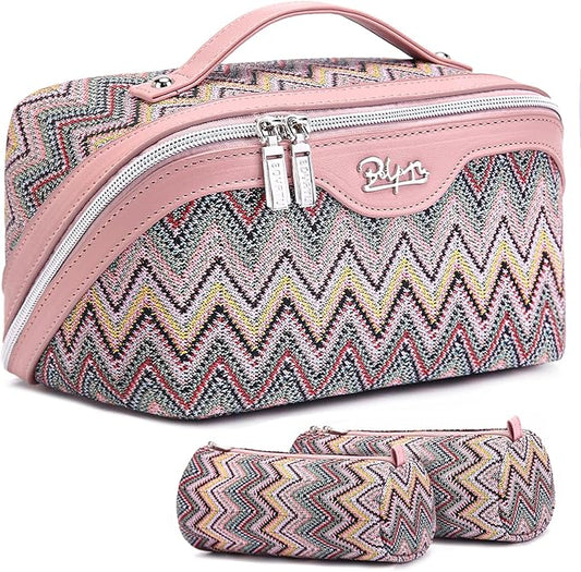 Travel Makeup Bag for Women: Western Boho Make up Bag Set of 3 - Large Capacity Vegan Leather Cosmetic Bag - Waterproof Toiletry Bag with Compartments & Handle & Divider(B-01Pink)