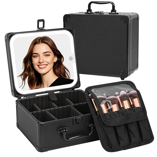 Makeup Box with LED Mirror, Makeup Bag with Light up Mirror& Adjustable Dividers Travel Make up Train Case Portable Cosmetic Organizer Case Waterproof Organizer Bag Gifts for Women and Girls