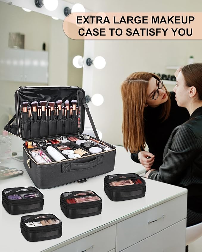 Relavel Makeup Bag, Extra Large Makeup Case, Cosmetic Storage Organizer Box Brush Holder with 4 Clear Set Bags and Adjustable Dividers and Shoulder Strap for Professional Make Up Artists