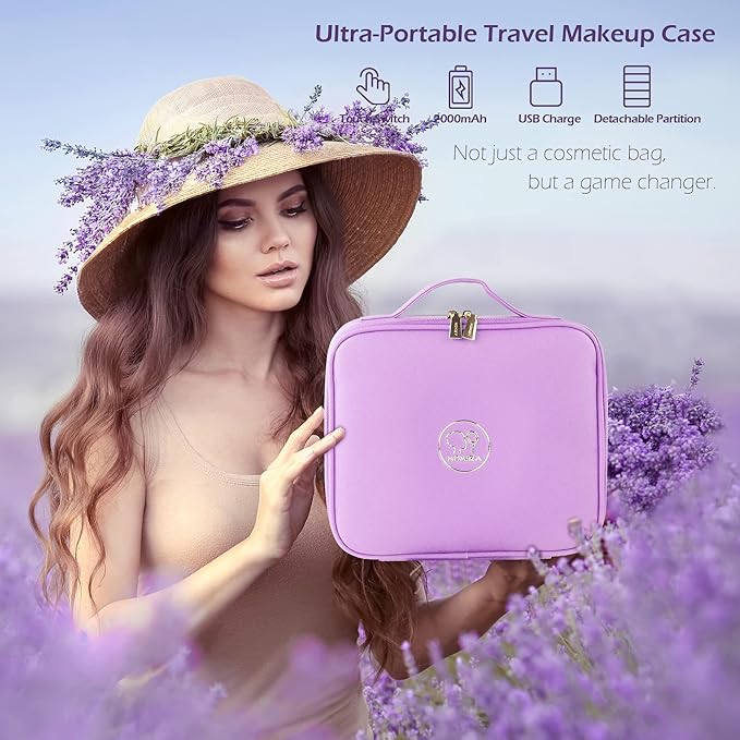 MOMIRA Travel Makeup Bag Cosmetic Bag Makeup Organizer Bag with Lighted Mirror, Adjustable Brightness in 3 Color Scenarios, Waterproof Makeup Train Case, Gift for Women - Purple