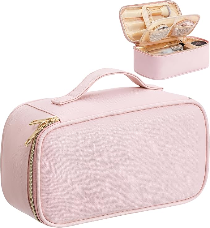 Makeup Bag for Women Small Travel Makeup Bag Organizer Portable Toiletry Bag Cute Makeup Bags Waterproof Leather Cosmetic Bag Makeup Case with Handle, Pink