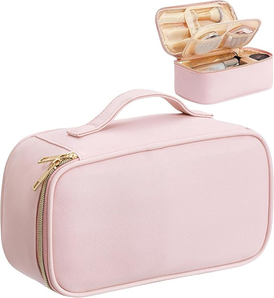 Makeup Bag for Women Small Travel Makeup Bag Organizer Portable Toiletry Bag Cute Makeup Bags Waterproof Leather Cosmetic Bag Makeup Case with Handle, Pink