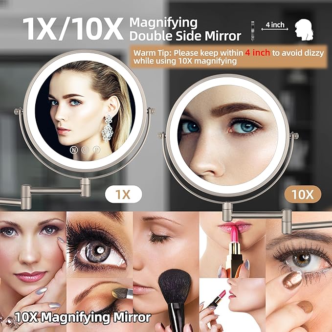 9" Wall Mounted Lighted Makeup Mirror with Magnification, 1X/10X Magnifying Mirror with Light, 3 Color LED Dimmable 2000mAh Rechargeable Light Up Magnifying Mirror Nickel Extendable