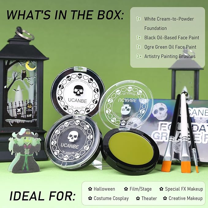 White Foundation + Black Green Face Body Paint with Painting Brushes Halloween Makeup Set, Kids Adults Facepaint Kit for Witch Monster Grinch Shrek Hulk Alien Special Effects Make Up Cosplay Party