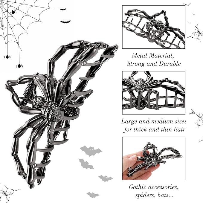4 Pack Halloween Hair Clips, Large Metal Claw Clips with Spider Webs Skeleton Decor for Women and Girls Thick Long Hair Styling, Goth Accessories Christmas Gifts (black)