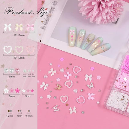 Artdone Nail Art Studs Kit, 12 grids 8 Colors 3D Charms and Pink Mix White Flower Heart Diamond Butterfly Cute Nail Jewels for DIY Decoration with Pickup Tools