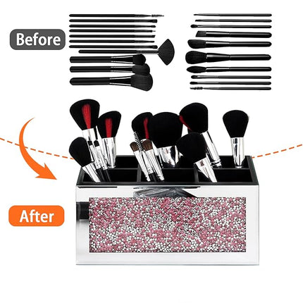 SHYFOY Mirrored Makeup Brush Holder Organizer with Pink Crushed Diamond, 6 Slots Glass Makeup Cosmetics Brushes Organizers and Storage for Vanity Countertop