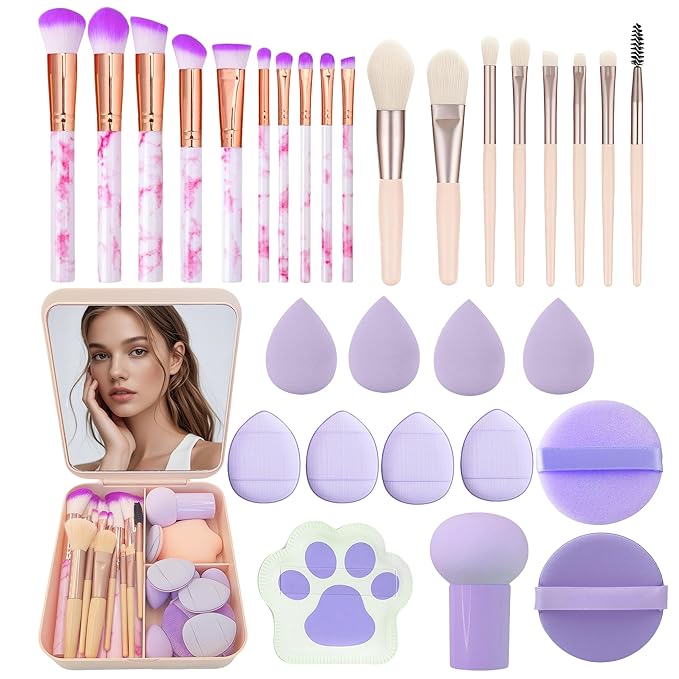 30 Pcs Makeup Brush Set with 12 Pcs Blending Sponge & Mirror - Premium Synthetic Kabuki Foundation Powder Concealer Eyeshadow Blush Brushes Kit - Cosmetic Tools (Purple 30 Pcs Set)