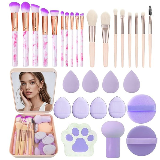 30 Pcs Makeup Brush Set with 12 Pcs Blending Sponge & Mirror - Premium Synthetic Kabuki Foundation Powder Concealer Eyeshadow Blush Brushes Kit - Cosmetic Tools (Purple 30 Pcs Set)
