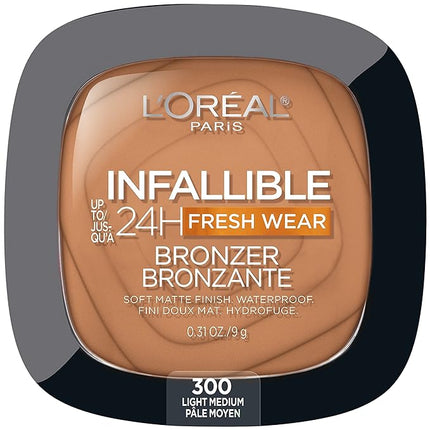 L'Oreal Paris Infallible Up to 24H Fresh Wear Soft Matte Longwear Bronzer. Waterproof, heatproof, Transfer, humidity and sweatproof, Light Medium, 0.31 oz