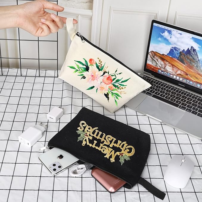 10 Pieces Cotton Canvas Makeup Bag with Bottom, Multi-Purpose Cosmetic Bag with Zipper Travel Toiletry Pouch, Blank DIY Craft Bag Pencil Bag (L, White) (MN-WB07)