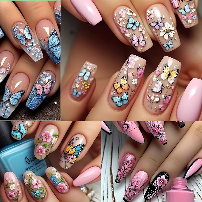 8 Sheets Butterfly Flower Nail Stickers Colorful Butterfly Nail Art Stickers 3D Self-Adhesive Floral Nail Decals for Nail Art Rose Green Leaf Cute Spring Design Nail Supplies for DIY Charms