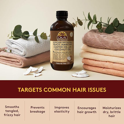 Okay Pure Naturals 100% Pure Black Jamaican Castor Oil with Coconut Oil - Castor Oil for Hair Growth for Men & Women, Moisture for Skin, Scalp, Eyelashes, Eyebrows - 4 oz Glass Bottle (2 Pack)