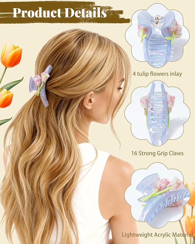 ACECHA Tulip Flower Acrylic Hair Clip Set, 6 Piece Large Claw Clips & No Crease Hair Clips for Thin and Thick，Non-Slip Hair Grip Hairclips for Makeup, Salon, Strong Hold Jaw Clamps (White & Blue)