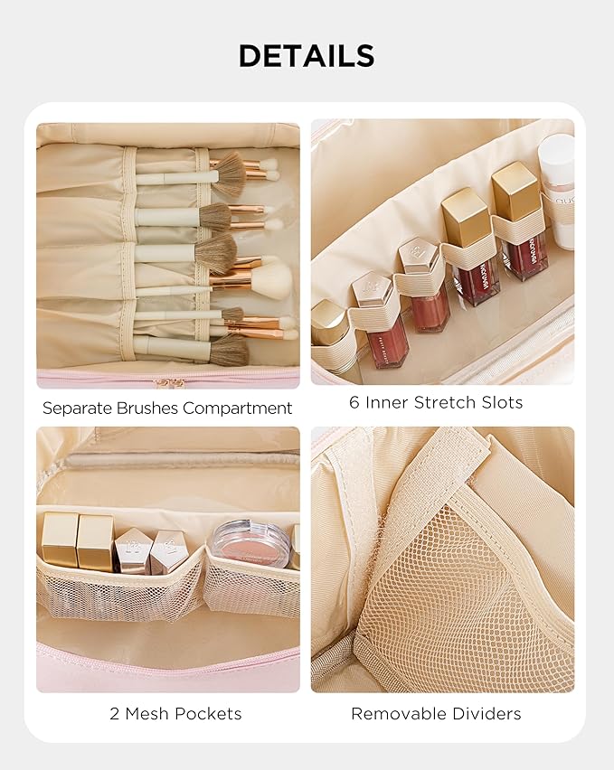 Makeup Bag for Women X-Large Travel Makeup Bag Organizer Portable Toiletry Bag Cute Makeup Bags Waterproof Leather Cosmetic Bag Makeup Case with Removable Dividers, Pink