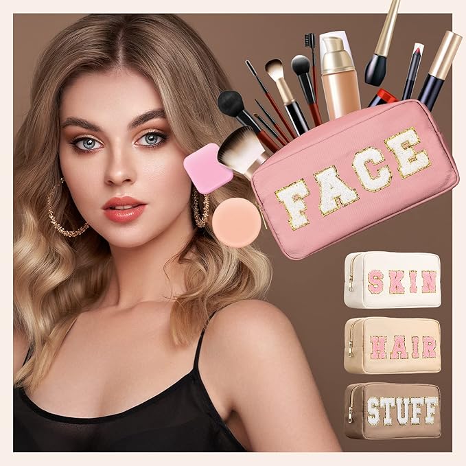 Cunno 4 Pcs Preppy Makeup Bags Chenille Letter Stuff Bag Nylon Cosmetic Pouch Cases with Zipper for Women Travel Toiletry