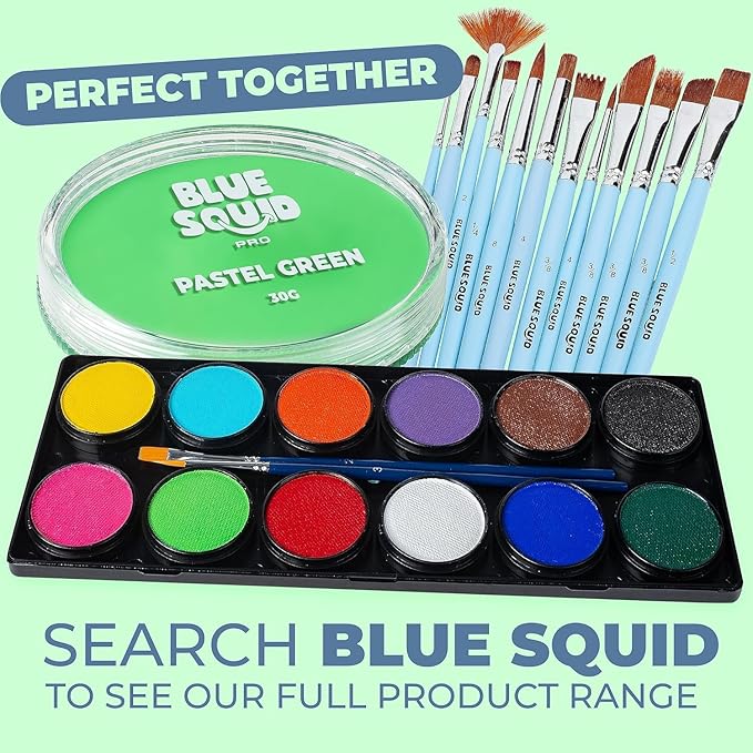 Blue Squid Face Paint Water Based Single Cake Professional Face Paint & Body Paint - Water Activated, Kids Adults Face Painting for Costume, Halloween Makeup, Cosplay - Pastel Green Face Paint 30g