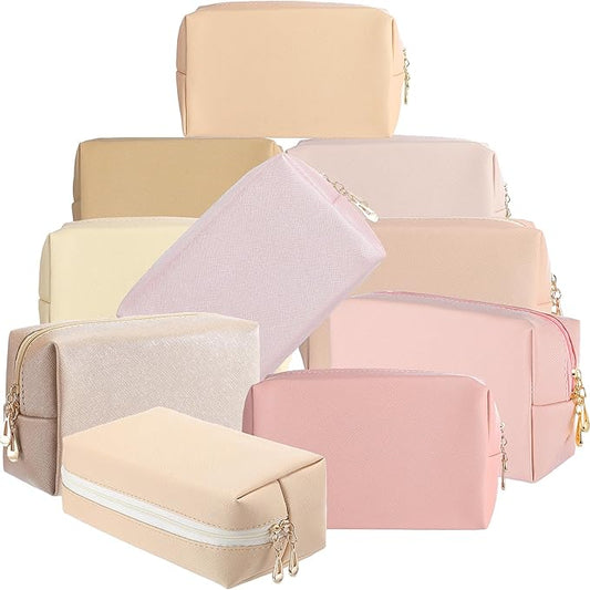 Sanwuta 9 Pcs Makeup Bags Bulk PU Double Zippers Cosmetic Bag Makeup Toiletry Pouch Portable Travel Organizers Case for Women Bachelorette Party End of The Year Bridesmaid Gift(Pink Brown Series)