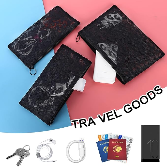 12 Pieces Zipper Nylon Mesh Pouch, Mesh Cosmetic Bags Makeup Bags Pencil Case, Multipurpose Travel Bags for Cosmetic School Office Supplies and Travel Accessories (Black Lace, Assorted Sizes)