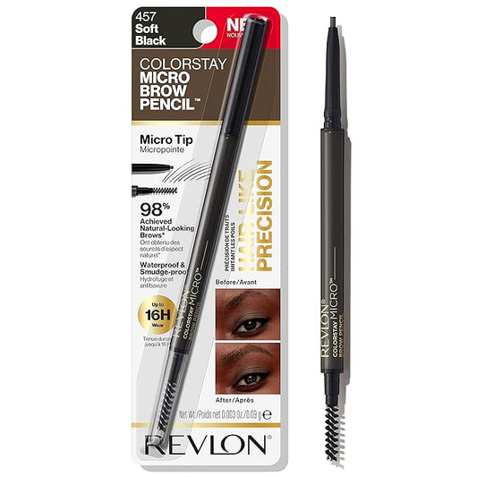 Revlon ColorStay Micro Eyebrow Pencil with Built In Spoolie Brush, Infused with Argan and Marula Oil, Waterproof, Smudgeproof, 457 Soft Black, 0.003 oz