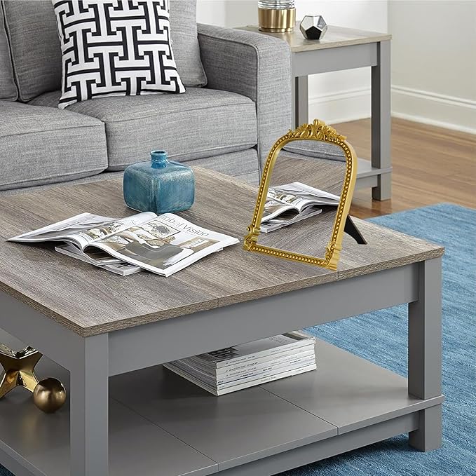 Gold Plastic Arched Makeup Mirror, Standing, Hanging or Wall Mount, Bathroom, Living Room, Bedroom Gold Decorative Mirror (10.6 * 8.6 inch)