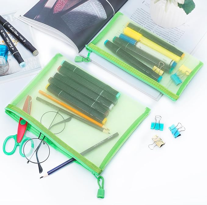 12 Pieces Zipper Nylon Mesh Pouch, Mesh Cosmetic Bags Makeup Bags Pencil Case, Multipurpose Travel Bags for Cosmetic School Office Supplies and Travel Accessories (Green, A5)