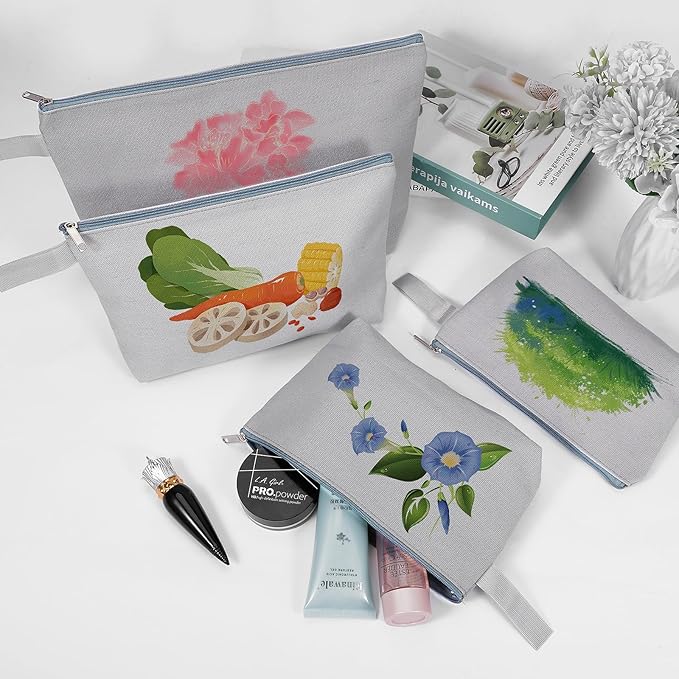 10 Pieces Cotton Canvas Makeup Bag with Bottom and Strap, Multi-Purpose Cosmetic Bag with Zipper Travel Toiletry Pouch, Blank DIY Craft Bag (Grey, L)