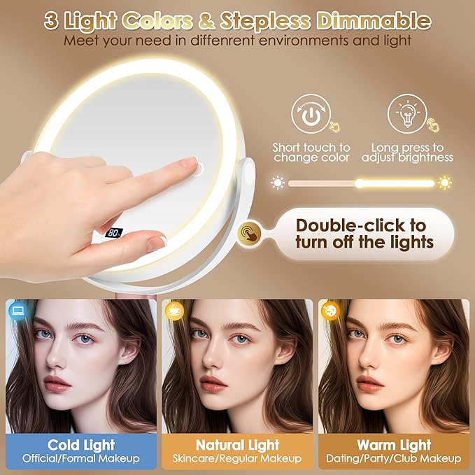 MIYADIVA Makeup Mirror with Lights, 30X/1X Magnifying Mirror with Digital Display, Height Adjustable Desk Mirror, Detachable for Travel, Vanity Mirror with Phone Holders and Tweezers, Gifts for Women